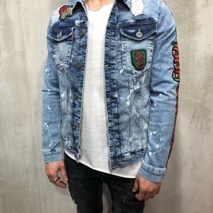 Printed Blue Denim Jacket A58 Streetwear Denim